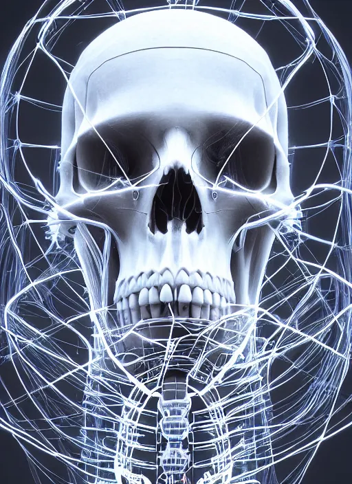 Image similar to an intricate detailed scifi skull plugged into wires by vitaly bulgarov, ivy, hardmesh, unreal engine 5, cyberpunk