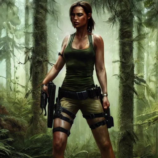 Prompt: detailed photo of lara croft being arrested in a forest, 8 k, by greg rutkowski, artgerm,