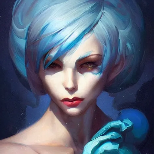 Image similar to a beautiful painting of a woman with short blue hair representative of the art style of artgerm and wlop and peter mohrbacher