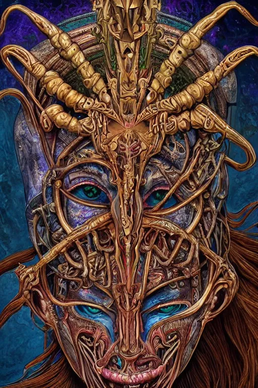 Prompt: Elden Ring and psychedelic themed painting of majestic chromatic biomechanical anatomical human demon Anubis pharaoh ceremonial bloodstained mask closeup face, golden ratio concept, Neo-Gothic concept, infinity hieroglyph waves, intricate artwork masterpiece, very coherent artwork, cinematic, full frontal facial features by Artgerm, art by H.R. Giger, Joseph Michael Linsner, Alex Grey, Johnatan Wayshak, Moebius, Ayami Kojima, very anatomically coherent artwork, trending on cgsociety, ultra high quality model, production quality cinema model, high detail chromatic ink outline, octane render, unreal engine 8k, hyper realism, high detail, octane render, unreal engine, 8k, High contrast