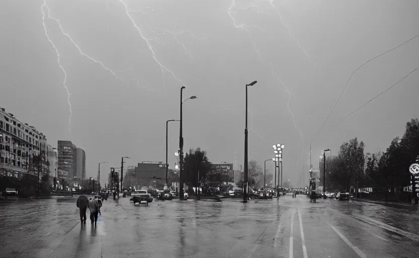 Prompt: 70s movie still of a soviet street with pedestrians with soviet high rise in the backround , Cinestill 800t 18mm beuatiful black and white, heavy grainy picture, very detailed, high quality, 4k panoramic, dramatic lightning, neon billboards and streetlight at night, rain, mud, foggy