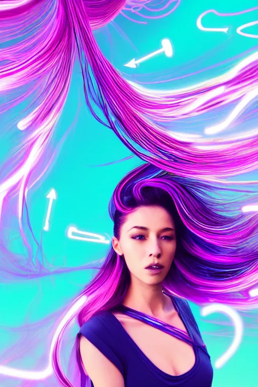 Image similar to a award winning half body portrait of a beautiful woman in a croptop and cargo pants with ombre purple pink teal hairstyle with head in motion and hair flying, surrounded by whirling illuminated lines, outrun, vaporware, shaded flat illustration, digital art, trending on artstation, highly detailed, fine detail, intricate