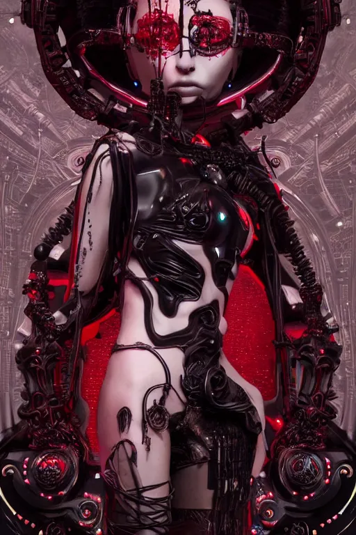 Image similar to full-body cyberpunk style sculpture of a young beautiful dark priestess, half android with a head opening exposing circuitry, glowing red eyes, black roses, flowing blood red colored silk, fabric, candles. baroque elements, human skull. full-length view. baroque element. intricate artwork by caravaggio. crows flying in background. Trending on artstation, octane render, cinematic lighting from the right, hyper realism, octane render, 8k, depth of field, 3D