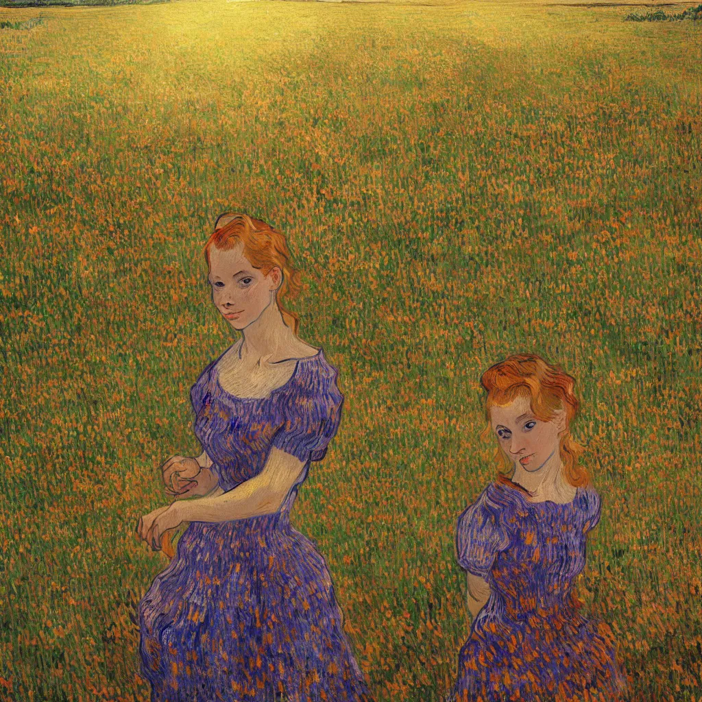 Prompt: Fair skinned young woman, large field, flowers, beautiful, art, 8k, sunset, skyline, young woman in a summer dress, facing towards sky, wind, trees in background, picking flowers, summer night, dynamic lighting, Vincent van Gogh oil painting, off center, large brush strokes, post impressionism, orange, yellow, red, blues, fine art, girl holding flowers and looking in distance