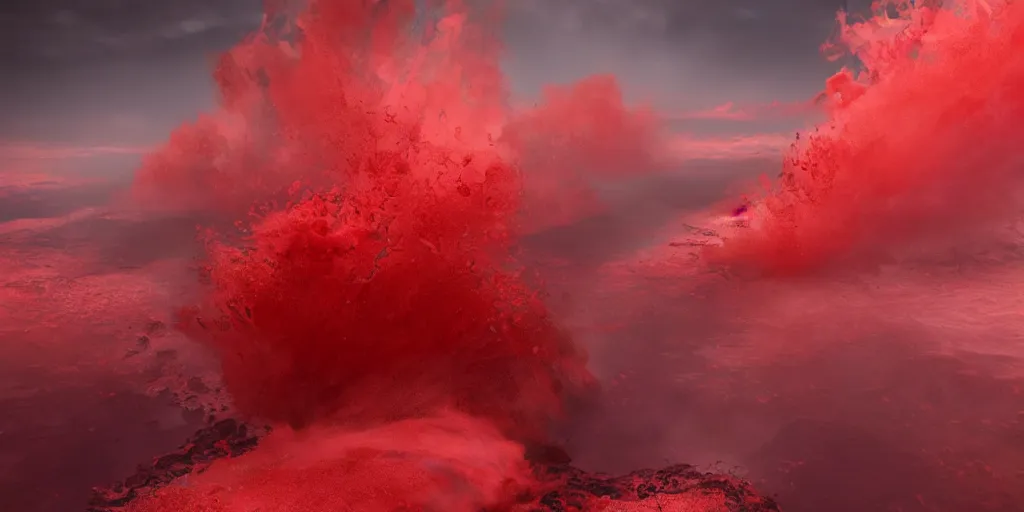 Image similar to a churning, boiling, fiery red sea with lots of smoky black and red steam, fantasy digital art, octane render, beautiful composition, trending on artstation, award-winning photograph, masterpiece