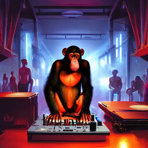 Prompt: a chimp dj in nightclub, people dancing in background, anatomy, bathed in light, highly detailed, photorealistic, artstation, smooth, sharp focus, illustration, unreal engine 5, 8 k, art by artgerm and greg rutkowski and edgar maxence