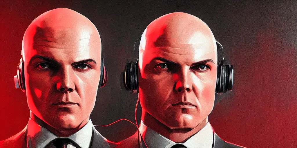 Prompt: a portrait of agent 4 7 from hitman wearing large headphones with wires in the background listening to music, dark background, red rim light, smooth, sharp focus, art by irina french