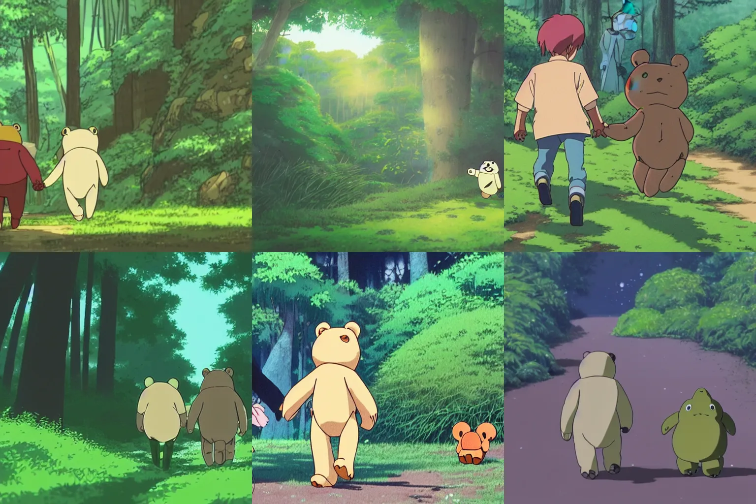 Prompt: a push frog and a teddy bear holding hands, walking in a lush beautiful forest, frame from a studio ghibli anime movie