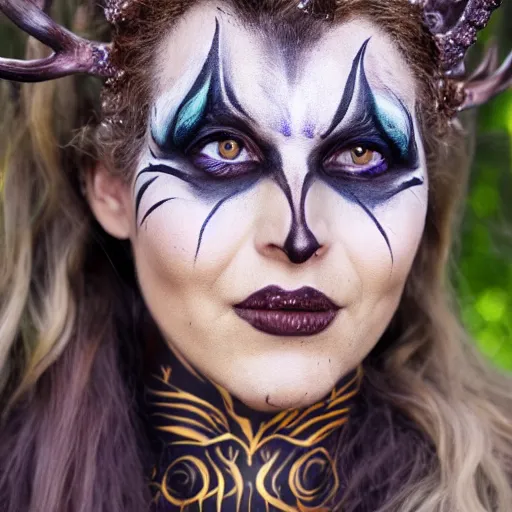 Image similar to tiefling druid with deer antlers growing out of their head blonde hair and large tribal jewelry and face paint