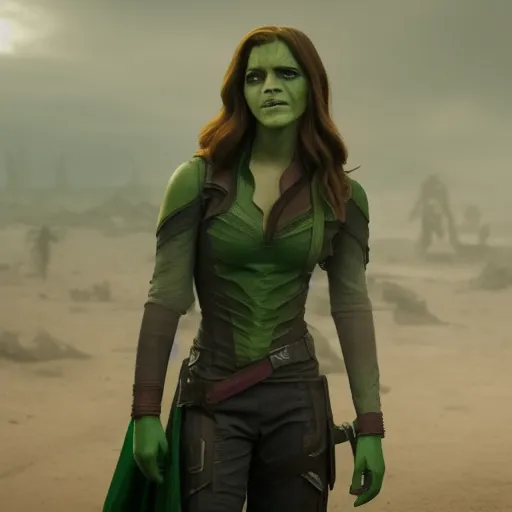 Image similar to Film still of Emma Watson as Gamora, from Guardians of the Galaxy Vol. 2 (2017), full shot