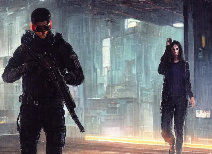 Prompt: Maria evades sgt Nash. Cyberpunk hacker wearing stealth suit hiding from police patrol (blade runner 2049, cyberpunk 2077). Dark industrial plant. Orientalist portrait by john william waterhouse and James Gurney and Theodore Ralli and Nasreddine Dinet, oil on canvas. Cinematic, hyper realism, realistic proportions, dramatic lighting, high detail 4k