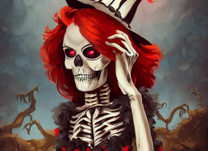Prompt: cute & beautiful smug smiling mexican undead skeleton girl with red hair dressed as a witch, elegant, digital art, fantasy, pixar style, painting, pin up, highly detailed, artstation, art by artgerm, vrubel, boris vallejo and ilya kuvshinov