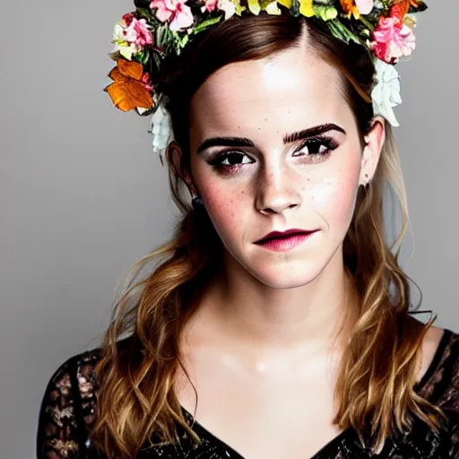 Image similar to emma watson with a multiflower crown princess, sensual, beautiful soft light failling on her face, studio photography, nikon 3 5 mm portrait photography, ultra realistic