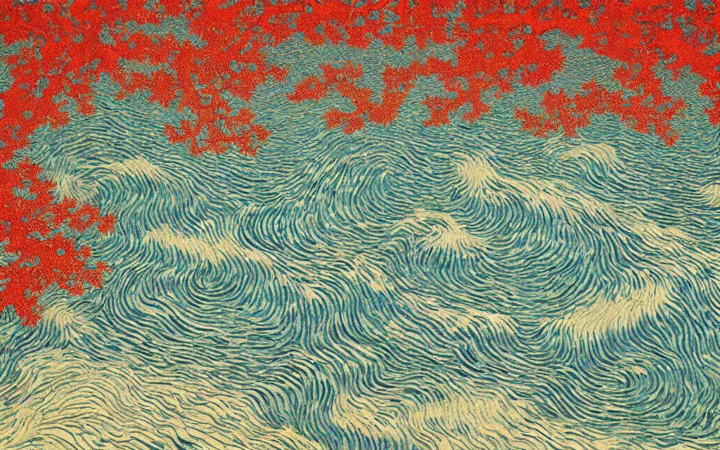 Image similar to a beautiful quiet park in fukuoka, fractal waves. japanese embroidery. retro minimalist art by jean giraud and van gogh.