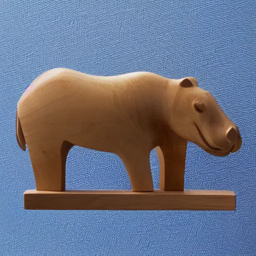 Prompt: a zoomed out studio product shot of a minimalist carved hippopotamus, made from cherry wood and blue resin, in profile, like a catalog photograph, mostly wood, with a smooth featureless minimalist look