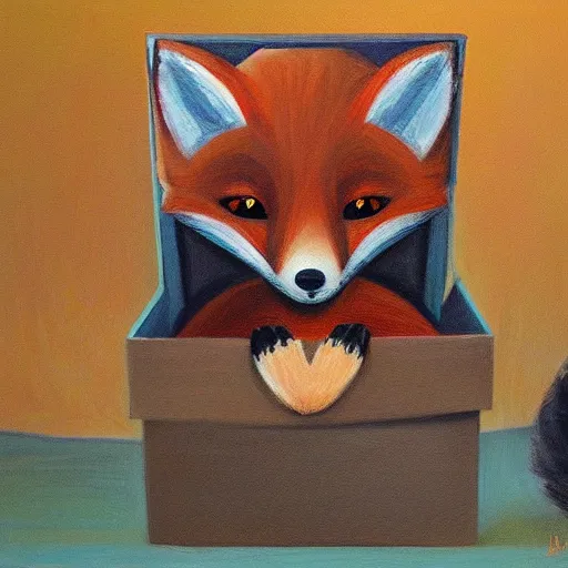 Prompt: a fox hiding inside a box, painting