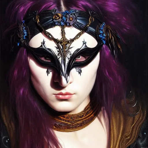 Prompt: portrait of a young woman in a raven masquerade mask, dark, piercing eyes, exotic expression, esoteric clothing, photorealistic, highly detailed, mysterious lighting, artstation, smooth, sharp focus, art by michael whelan, artgerm, greg rutkowski and alphonse mucha