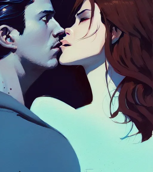 Image similar to portrait of bucky kissing natasha by atey ghailan, by greg rutkowski, by greg tocchini, by james gilleard, by joe fenton, by kaethe butcher, dynamic lighting, gradient light blue, brown, blonde cream and white color scheme, grunge aesthetic