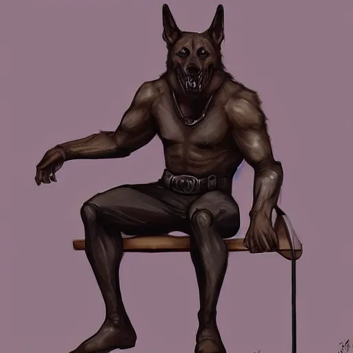 Image similar to a humanoid german shepherd beast - man, wearing gym suit, sitting on a couch, artstation, concept art, smooth, sharp foccus ilustration, artstation