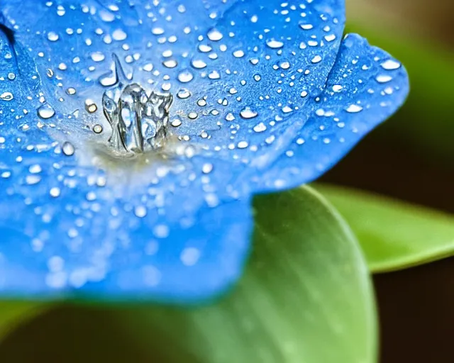 Image similar to a blue flower with water droplets on it, a macro photograph by kume keiichiro, trending on unsplash, photorealism, photo taken with ektachrome, photo taken with provia, shallow depth of field