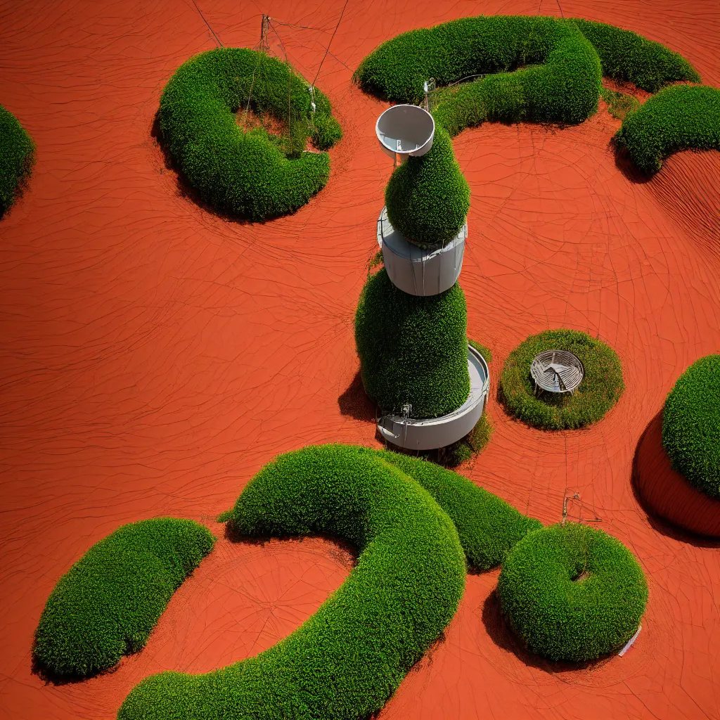 Image similar to torus shaped electrostatic water condensation collector tower, irrigation system in the background, vertical gardens, in the middle of the red clay desert, XF IQ4, 150MP, 50mm, F1.4, ISO 200, 1/160s, natural light