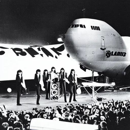 Prompt: the beatles playing live on top of a boeing 747