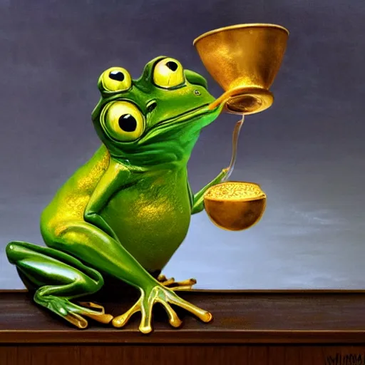 Image similar to a cute frog throws golden metal balls into a cup of coffee, by esao andrews, by m. w. kaluta, volumetric light, rich colors, very humorous oil painting, realistic reflections, smooth, concept art, depth perception, high depth of field, 4 k, unreal engine 5, ultradetailed, hyperrealistic, artstation