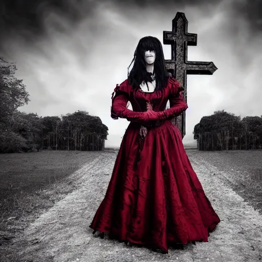 Prompt: stunning Gothic shameless woman with impudent facial expression in shadow of church cross, elegant, dark and mysterious, atmospheric, red, ominous, eerie, cinematic, Epic, 8k, 4k, ultra detail, ultra realistic, rendered by awesomeness illustration