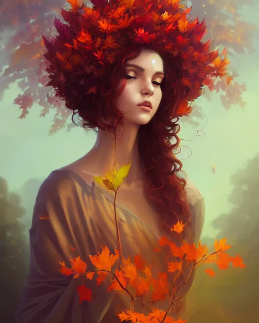 Image similar to beautiful autumn priestess with curly red - hair, flurry of leaves and flowers, warm aura, artgerm, peter mohrbacher, alena aenami, artstation