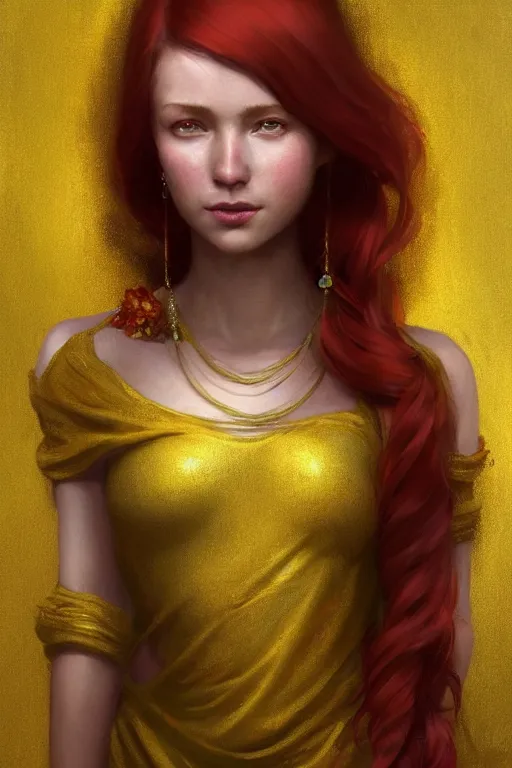 Image similar to Highly detailed painting of a beautiful young woman with long red hair by Craig Mullins and Ross Tran, subtle smile, wearing a fancy dress, Golden fabric Background, Golden thread, intricate patterns, Emerald Earrings, ambient lighting, Trending on artstation, pinterest, cgsociety, 4k, 8k, HDR, award winning, unreal engine