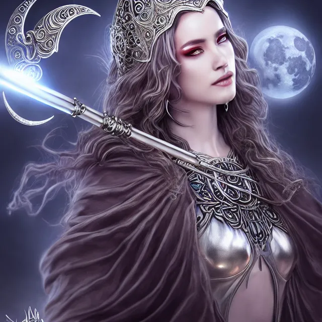 Prompt: beautiful elemental moon witch with ornate silver robes and staff, highly detailed, 4 k, hdr, smooth, sharp focus, high resolution, award - winning photo, artgerm, photorealistic