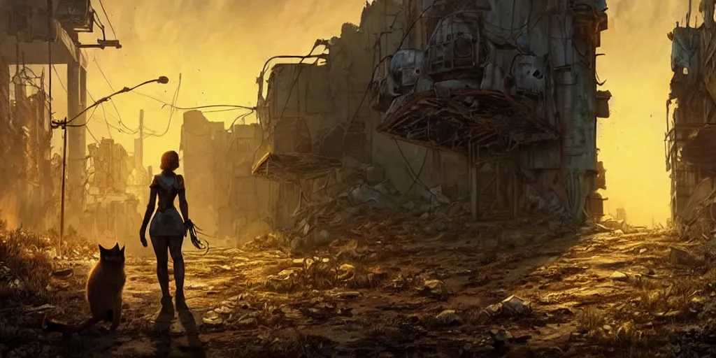 Prompt: fallout 5 concept art, female protagonist and feline companion, outdoor scene, some in the ruined city, atmospheric lighting, painted, cinematic, wide angle shot, intricate, volumetric lighting, beautiful, gritty, rich deep colours masterpiece, golden ratio, golden hour, sharp focus, ultra detailed by jack kirby, ignacio fernandez rios, thierry doizon