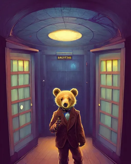 Prompt: anthropomorphic art of a detective bear inside tardis, victorian inspired clothing by artgerm, victo ngai, ryohei hase, artstation. fractal papersand books. highly detailed digital painting, smooth, global illumination, fantasy art by greg rutkowsky, karl spitzweg