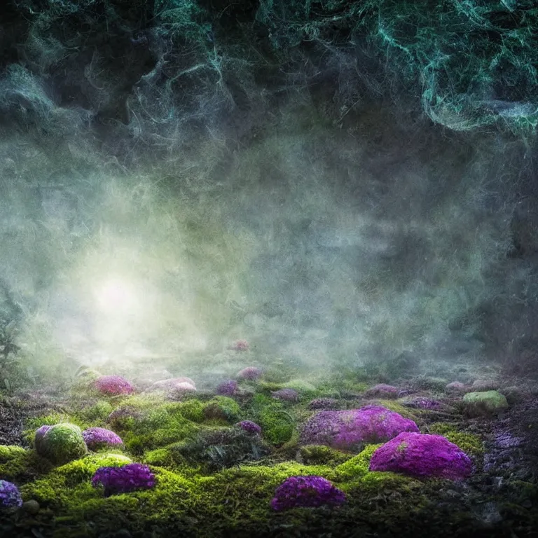 Image similar to a planet of various fungus, mushrooms, flowers and plants, inside the picture is infinity, Atmospheric, artistic photography, conceptual, long exposure outside the city, volumetric light