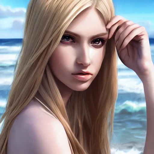 Prompt: woman with long blonde hair wearing white clothing siting on a beach, beautiful, 8k, highly detailed, realistic, artgerm, sakimichan, rutkowski, trending on artstation, pixiv, perfect face, portrait,