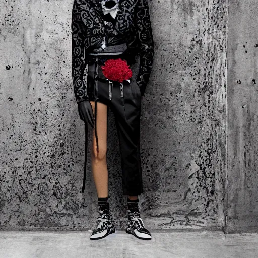 Prompt: black fashion model with afro, standing at black wall, official valentino editorial, highly detailed