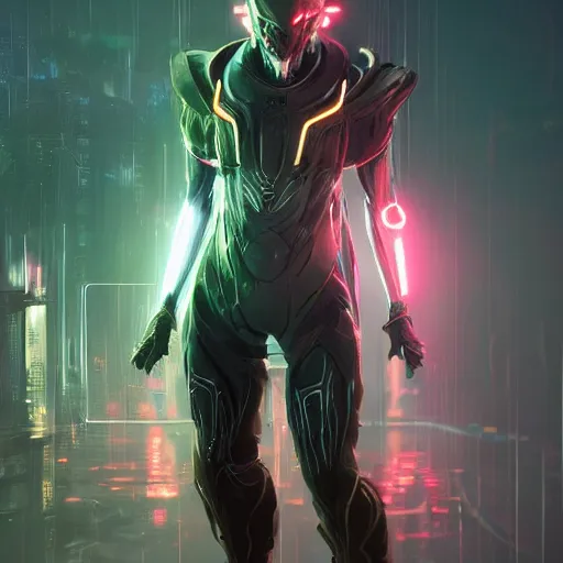 Image similar to photo of tenno from warframe in the style of stefan kostic, realistic, cyberpunk, neon, nighttime, rain storm, body shot, sharp focus, 8 k high definition, insanely detailed, intricate, elegant, art by stanley lau and artgerm, floating embers