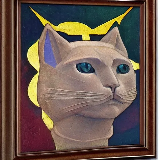 Image similar to ancient polychrome sculpture of a sacred cat head, by annie swynnerton and diego rivera and nicholas roerich and jean delville, symbolist, dramatic lighting, god rays, elaborate geometric ornament, art brut, rich colors, smooth sharp focus, extremely detailed, adolf wolfli