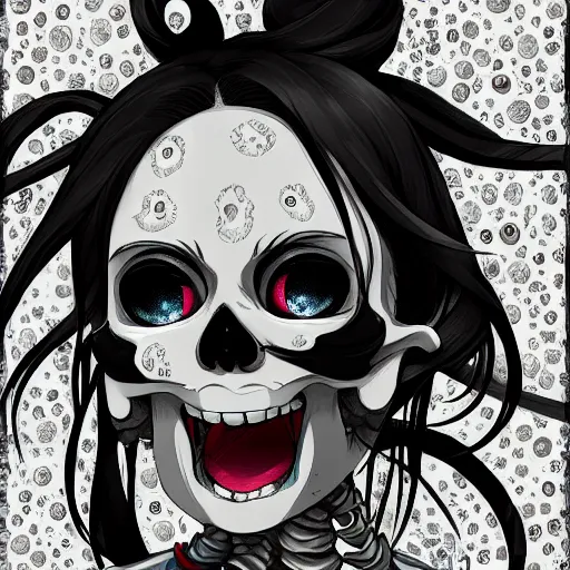 Image similar to manga fine details portrait of joyful skull girl skeleton, bokeh. anime masterpiece by Studio Ghibli. 8k render, sharp high quality anime illustration in style of Takashi Murakami, artstation