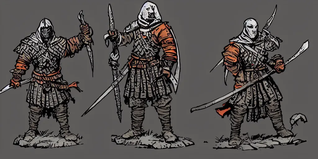 Prompt: medieval warrior character design. sideview. darkest dungeon. idle. white background. art by moebius and thomas kinkade and greg rutkowski.