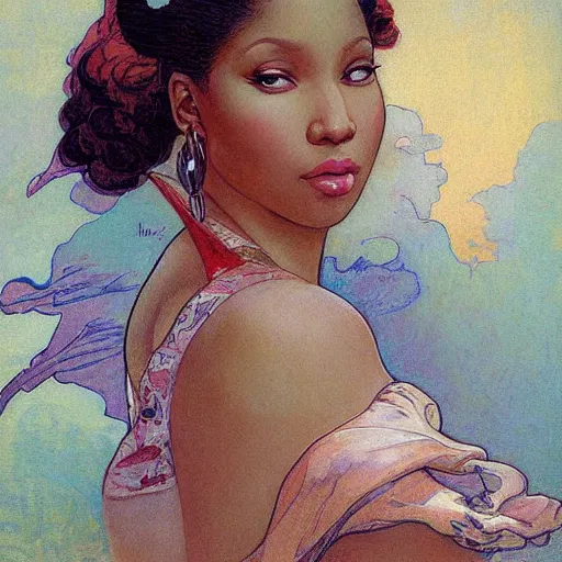 Image similar to romantic painted portrait of nicki minaj by james jean, mucha, andrew loomis, masterpiece