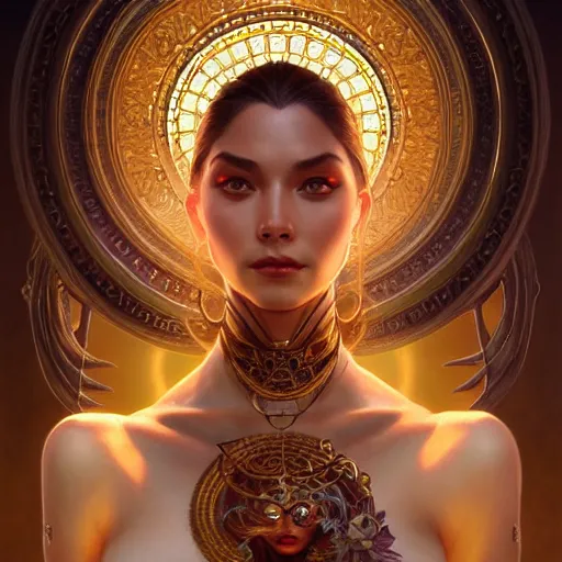 Image similar to perfectly-centered-Portrait of a sinister Goddess, intricate, highly detailed, digital painting, artstation, concept art, smooth, sharp focus, illustration, Unreal Engine 5, 8K, art by artgerm and greg rutkowski and alphonse mucha