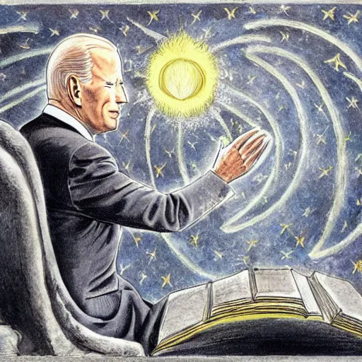 Image similar to joe biden as demiurge creating 1 9 5 0 s world, painting by william blake and jon mcnauhgton