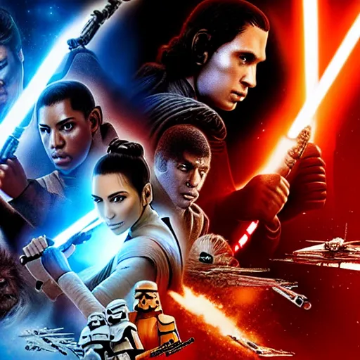 Image similar to super detailed star wars movie poster with Jesus Christ and kim kardashian, 8k full HD photo, cinematic lighting, anatomically correct, oscar award winning, action filled, correct eye placement,