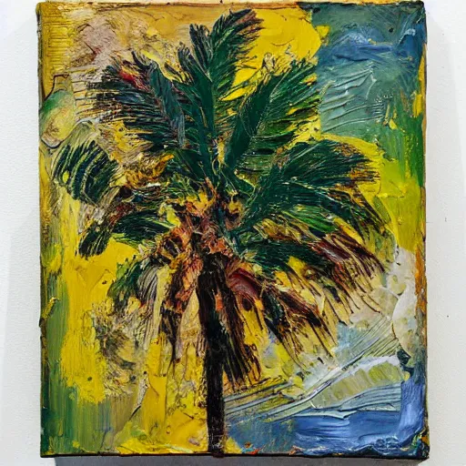 Image similar to oil paint impasto relief, painting of a palm tree in italy, multi layered thick brush marks, some splattered paint, in the style of monet and frank auerbach