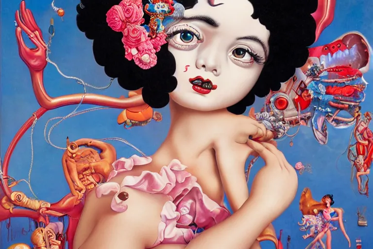 Prompt: betty boop figure by james jean and salvador dali and shusei nagaoka, oil on canvas, exquisitely intricate details, surrealism, neoclassicism, renaissance, hyper realistic, ultra detailed, cell shaded, 8 k