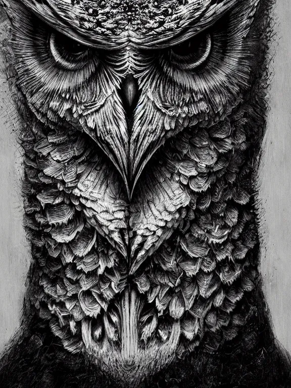 Prompt: a beautiful hyper realistic detailed matte portrait of the old owl, a strange being haunting this land from a forgotten time, lovecraftian style, dramatic lighting, dynamic lighting, cinematic lighting, by maurits cornelis escher, black and white, featured on artstation