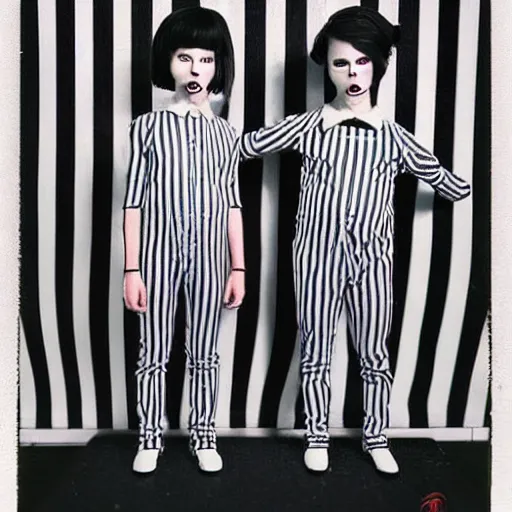 Image similar to polaroid photo :: creepy twin boys wearing striped clothes, black background:: by Martine Johanna and Simon Stålenhag and Chie Yoshii and Casey Weldon and Guillermo del toro :: ornate, dynamic, particulate, intricate, elegant, highly detailed, centered, artstation, smooth, sharp focus, octane render, 3d