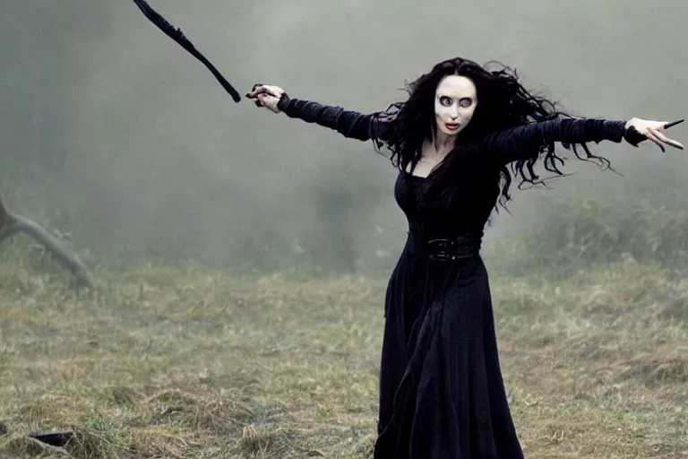 Image similar to film still Angelia Jolie as Bellatrix Lestrange in Harry Potter movie