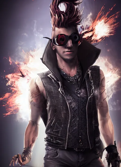 Image similar to An epic fantasy comic book style portrait painting of young man with long red spiked hair. Wearing a black waistcoat, white shirt, using googles. Rockstar. Blasting fire on his hands. Unreal 5, DAZ, hyperrealistic, octane render, cosplay, RPG portrait, dynamic lighting